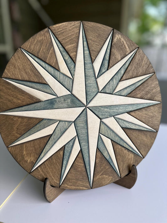Geometric Compass RoHandcrafted Wood Compass Rose Wall Art – Nautical Decor | Rustic Coastal Home Accent | Engraved Star Compass Plaque