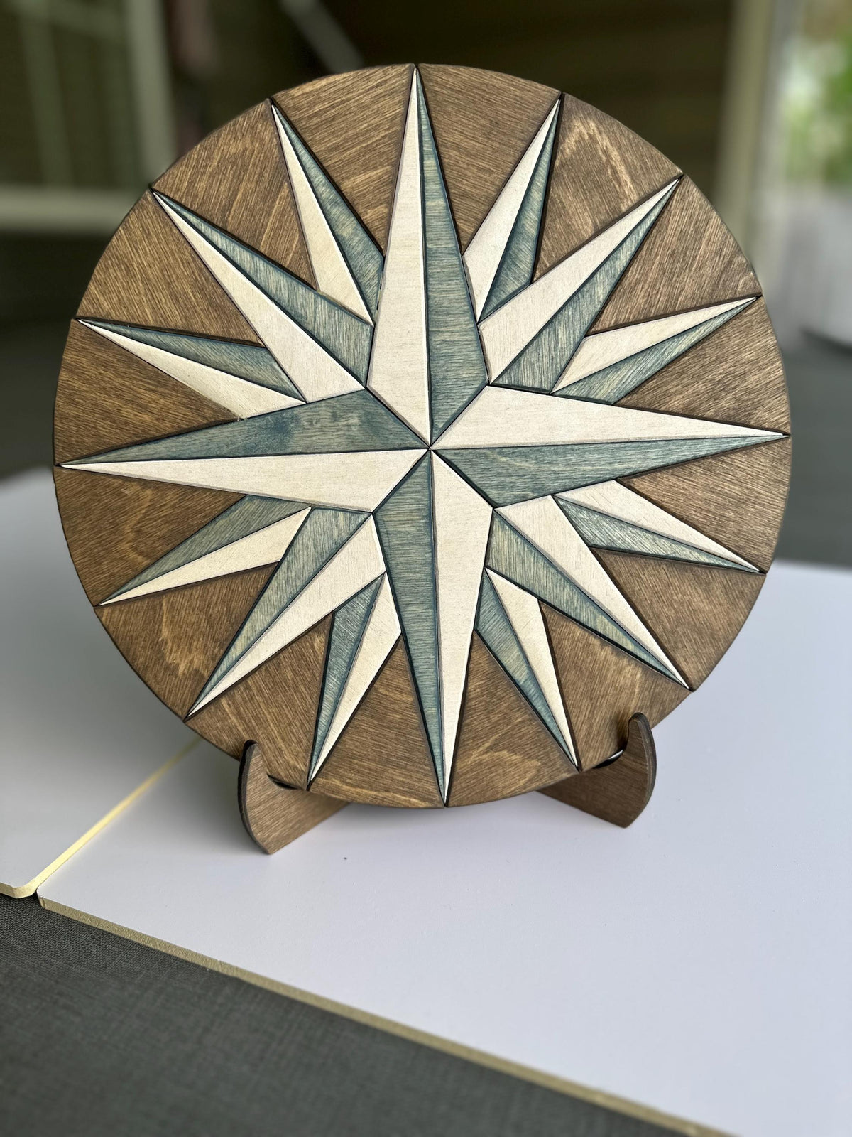 Geometric Compass RoHandcrafted Wood Compass Rose Wall Art – Nautical Decor | Rustic Coastal Home Accent | Engraved Star Compass Plaque