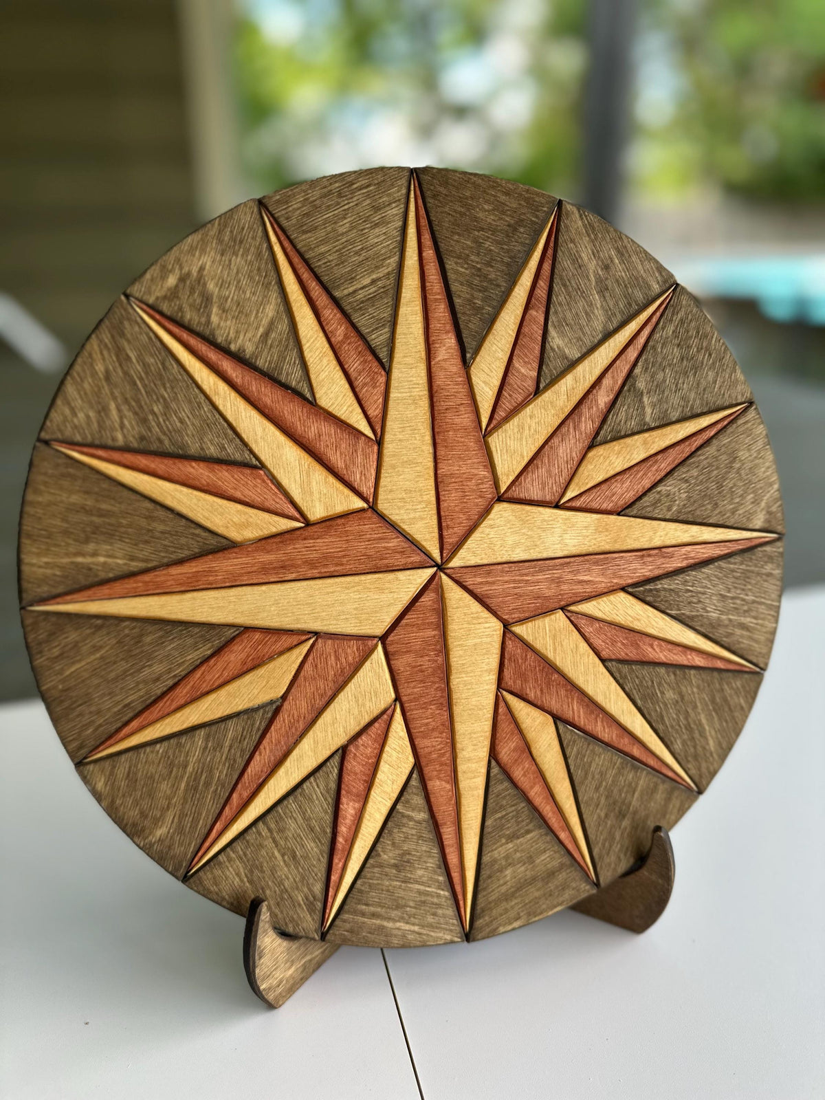 Geometric Compass RoHandcrafted Wood Compass Rose Wall Art – Nautical Decor | Rustic Coastal Home Accent | Engraved Star Compass Plaque
