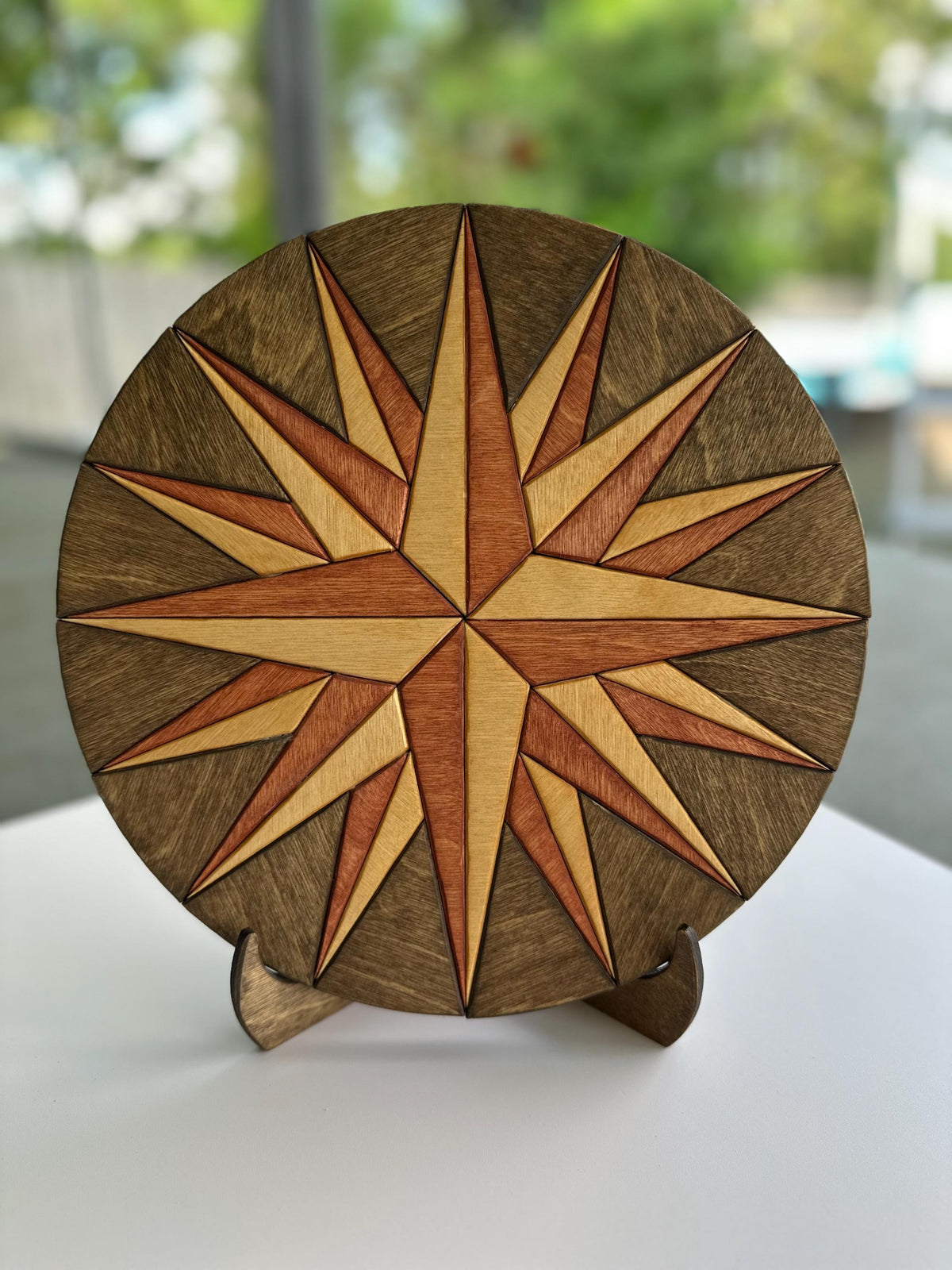 Geometric Compass RoHandcrafted Wood Compass Rose Wall Art – Nautical Decor | Rustic Coastal Home Accent | Engraved Star Compass Plaque